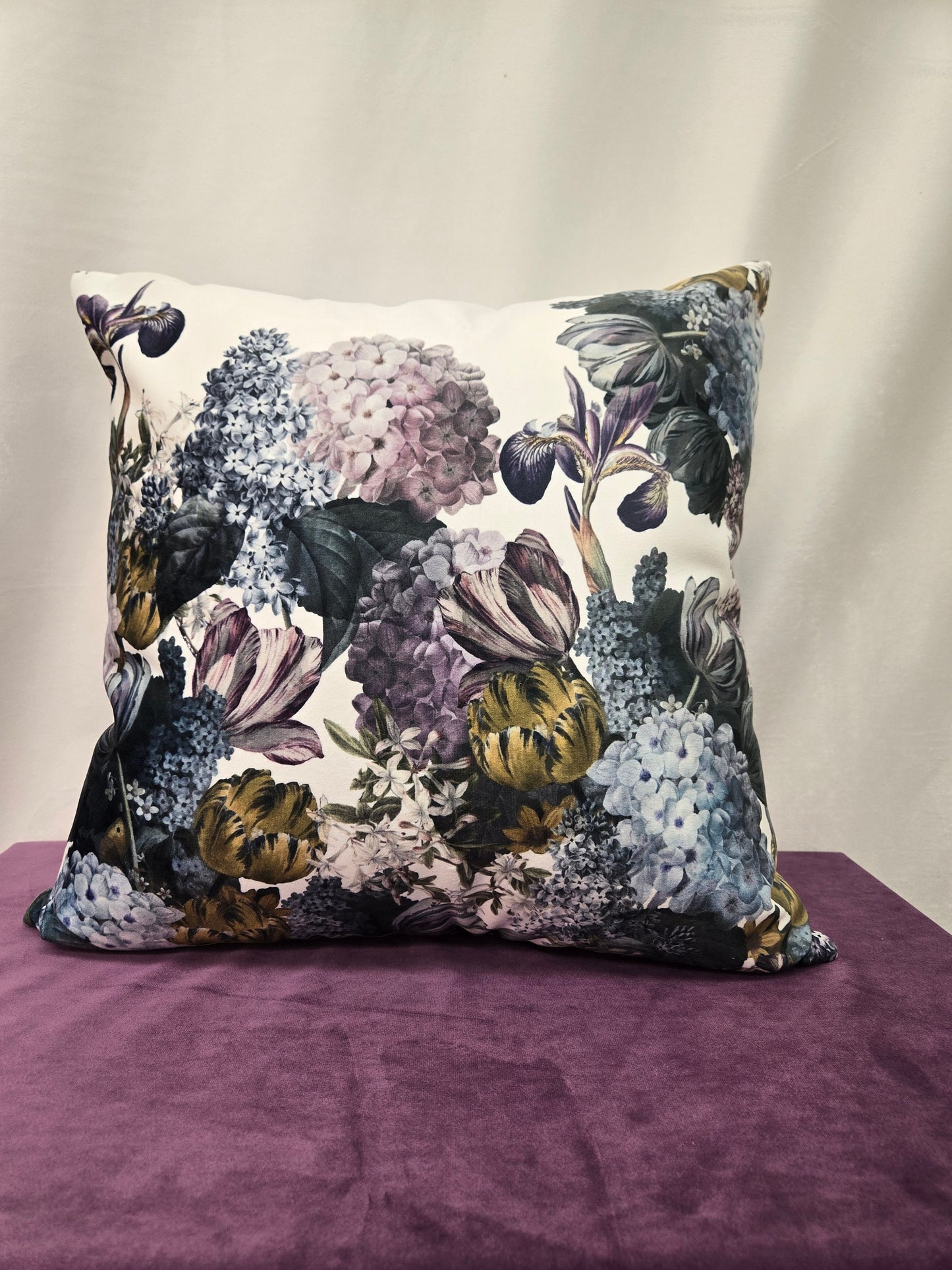 White Floral Throw Pillow – Purple, Yellow, Blue, Green | Luxurious Plush Velvet Accent Cushion, 22 X 22, Made in Canada