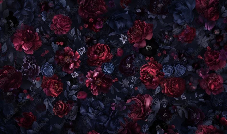 Elegant Dark Floral Print, Seamless Pattern with Burgundy Flowers and Dark Leaves on Blue, Burgundy, and Black Background