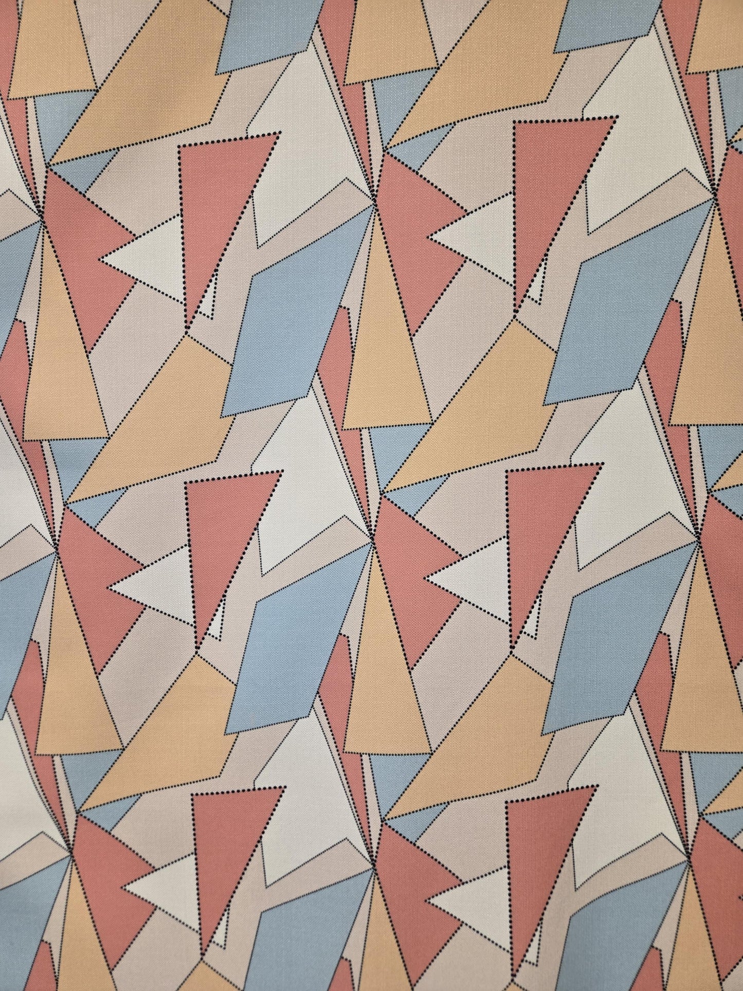 Modern Retro Geometric Fabric – Blue, Yellow, White, Pastel Red | Triangle & Quadrilateral Design