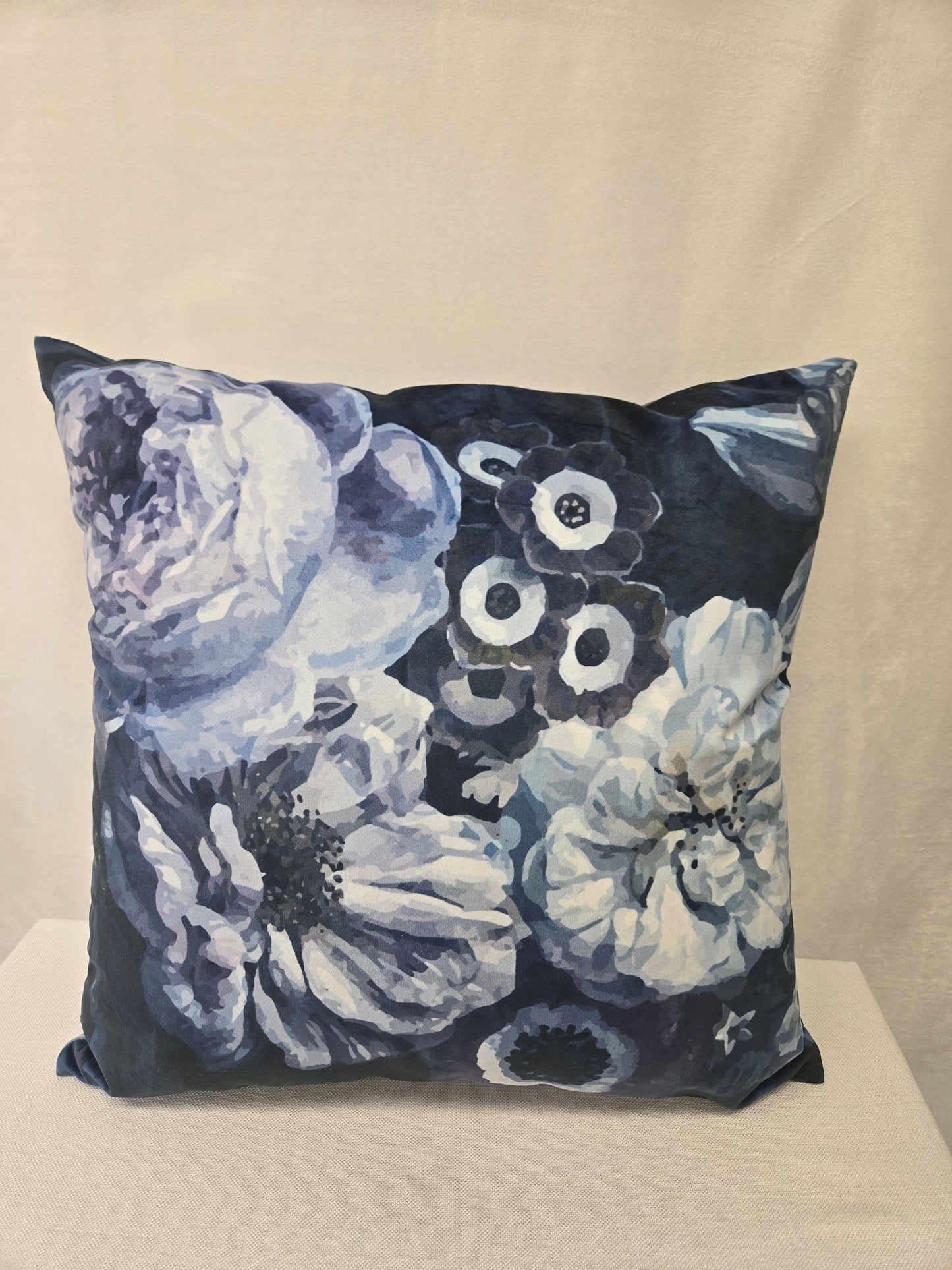 Blue, White, and Purple Floral Plush Velvet Pillow – Decorative Cushion for Sofa, Bed, or Couch – Elegant Home Décor Accent