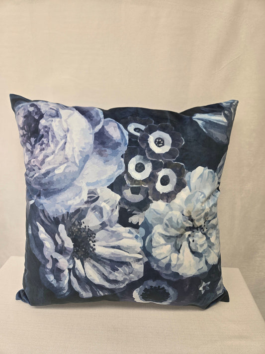 Blue, White, and Purple Floral Plush Velvet Pillow – Decorative Cushion for Sofa, Bed, or Couch – Elegant Home Décor Accent