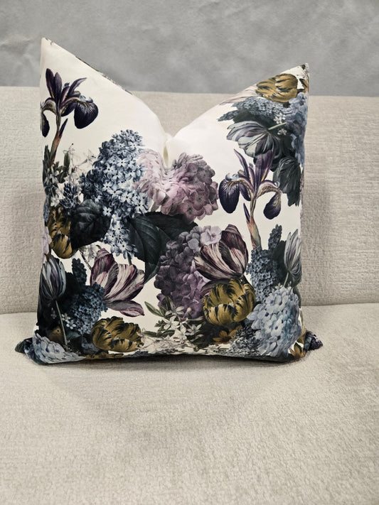 White Floral Throw Pillow – Purple, Yellow, Blue, Green | Luxurious Plush Velvet Accent Cushion, 22 X 22, Made in Canada