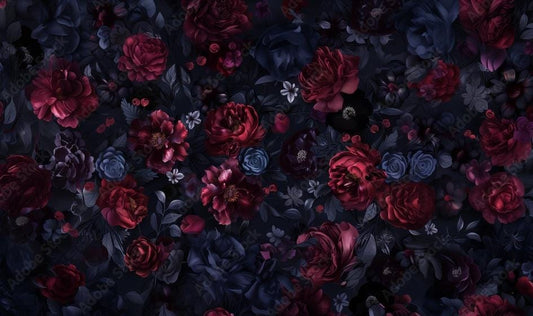 Elegant Dark Floral Print, Seamless Pattern with Burgundy Flowers and Dark Leaves on Blue, Burgundy, and Black Background