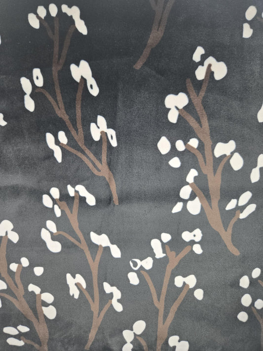 Japanese Fabric - Tree Design on Velvet - Black, White & Brown - Plush Velvet 60" Wide