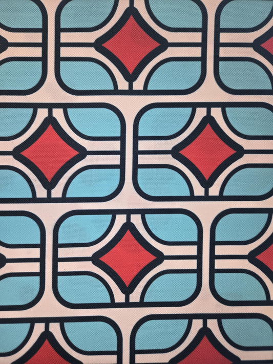 Retro Geometric Fabric – Blue, Red & Pink | Faux Linen, 60” Wide, Durable
