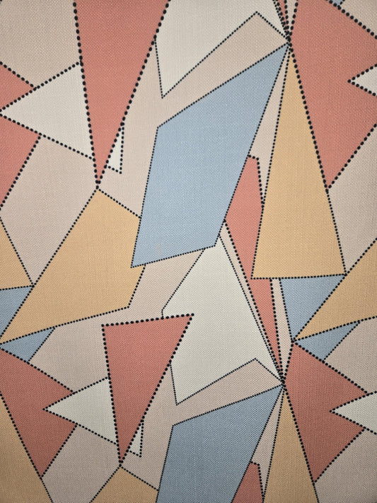 Modern Retro Geometric Fabric – Blue, Yellow, White, Pastel Red | Triangle & Quadrilateral Design